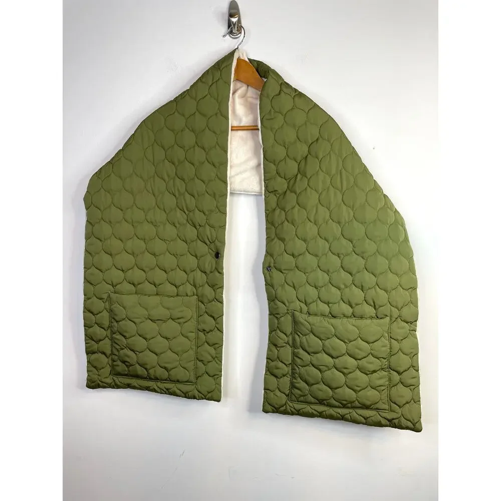 World Market Olive Green Puffer Scarf Shawl Wrap Faux Fur Lining  New One Size